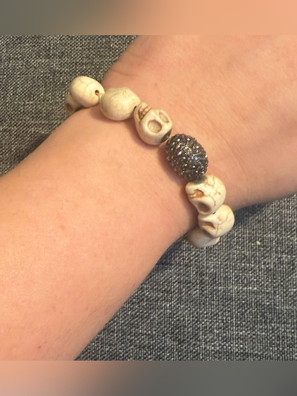 White Skull Bead Stretch Bracelet with Sparkling Accent